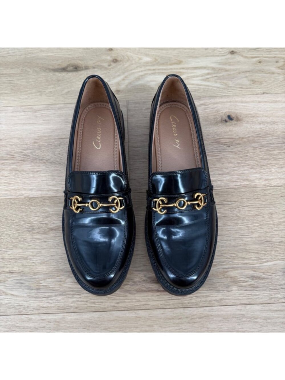 Circus Sam Edelman Ella Lug Sole Loafer Shoe Size 10 Black Patent Gold Platform - Picture 2 of 14